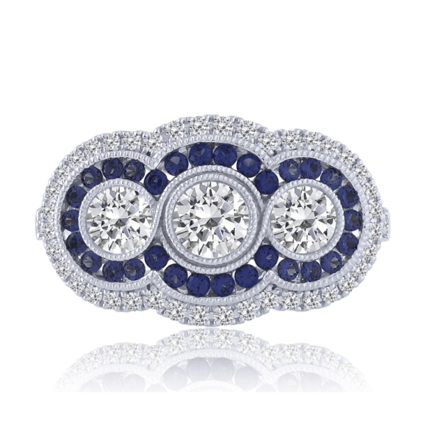 1.12CT DIAMOND & SAPPHIRE THREE STONE HALO RING
